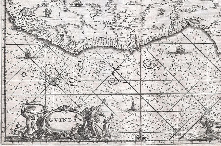 Carte de la Guinée gravée en 1670 : la côte y est nommée par ses marchandises, et le cartouche est tenu par une défense d'éléphant.